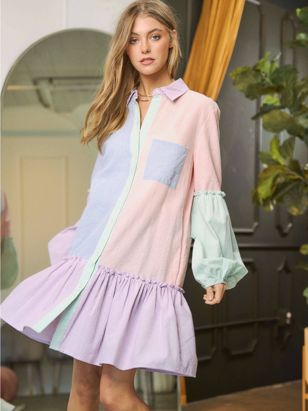 Davi and Dani Large Pastel Colorblock Button-Down Babydoll Dress - Picture 2 of 9